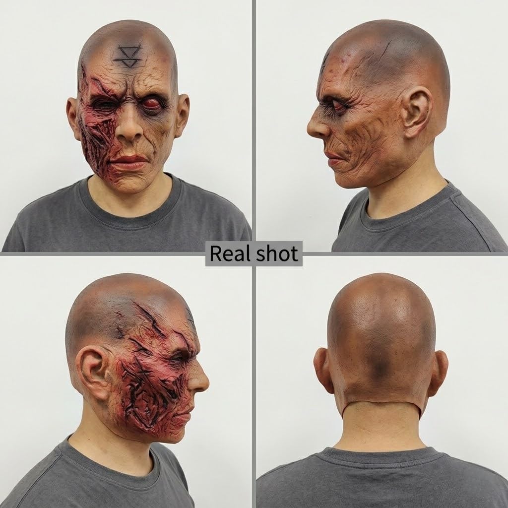 Scary Halloween Mask Realistic Bald Man Creepy Zombie Face Cover Latex Burn Mutant Headpiece for Adult Cosplay Props