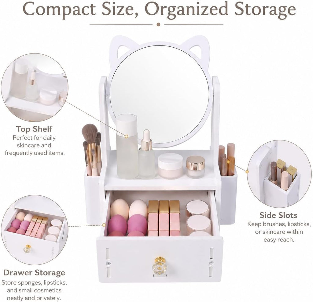 Desktop Makeup Mirror Organizer with Drawers, Compact Vanity Storage Box, Round Mirror, Cosmetic, Skincare and Jewelry