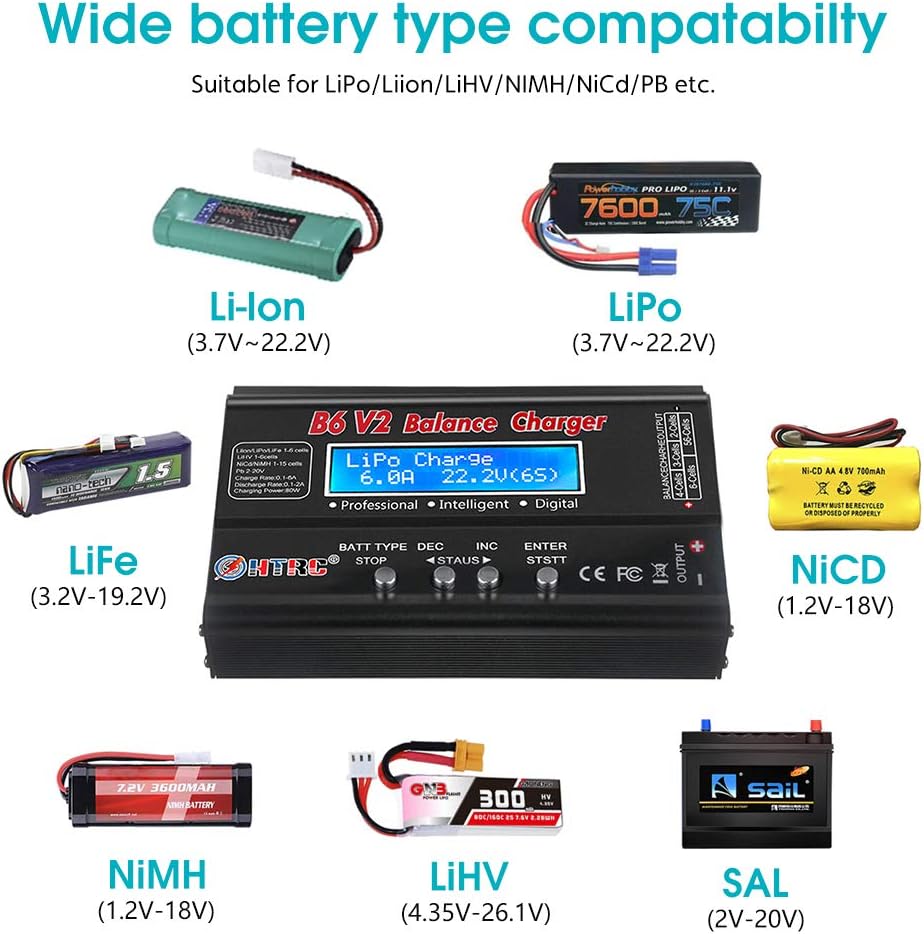LiPo Battery Charger RC Car Balance Charger, 1S-6S Digital Discharger Battery Pack Charger 80W 6A for Li-ion Life