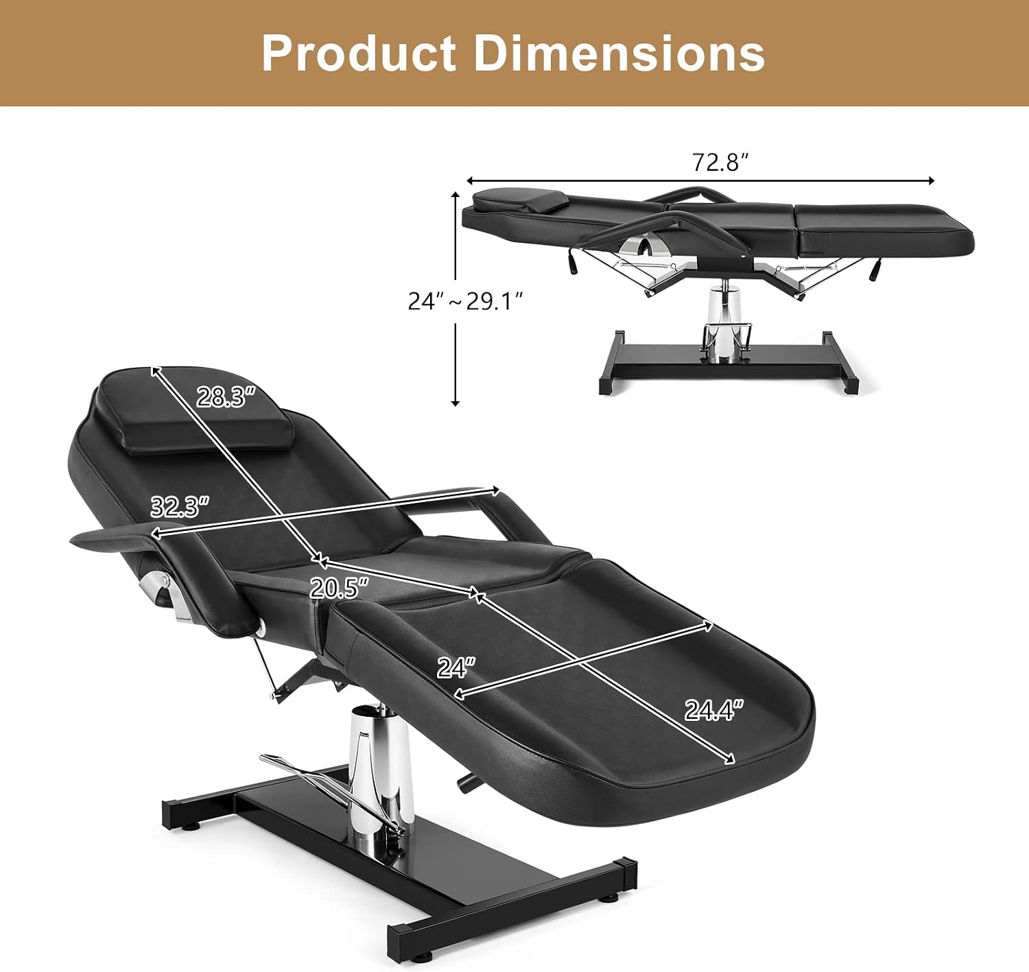Hydraulic Tattoo Chair Esthetician Bed, Multi-Purpose 3-Section Facial Bed Table, Adjustable Beauty Salon Spa Massage