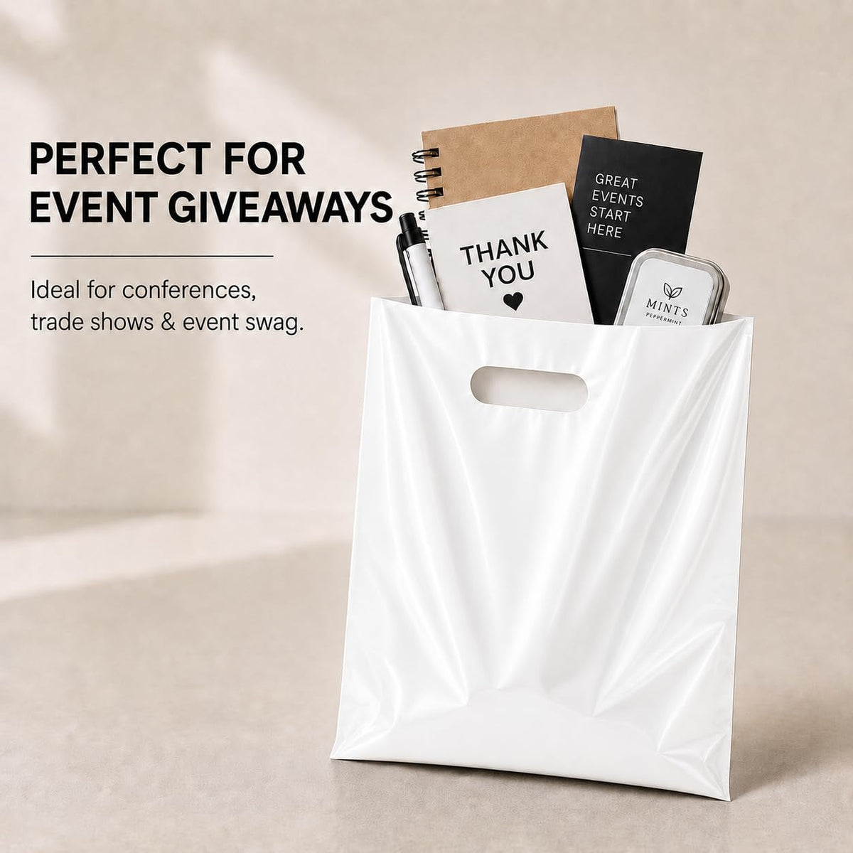 100 Count White Merchandise Bags 12" x 15" with Die-Cut Handles