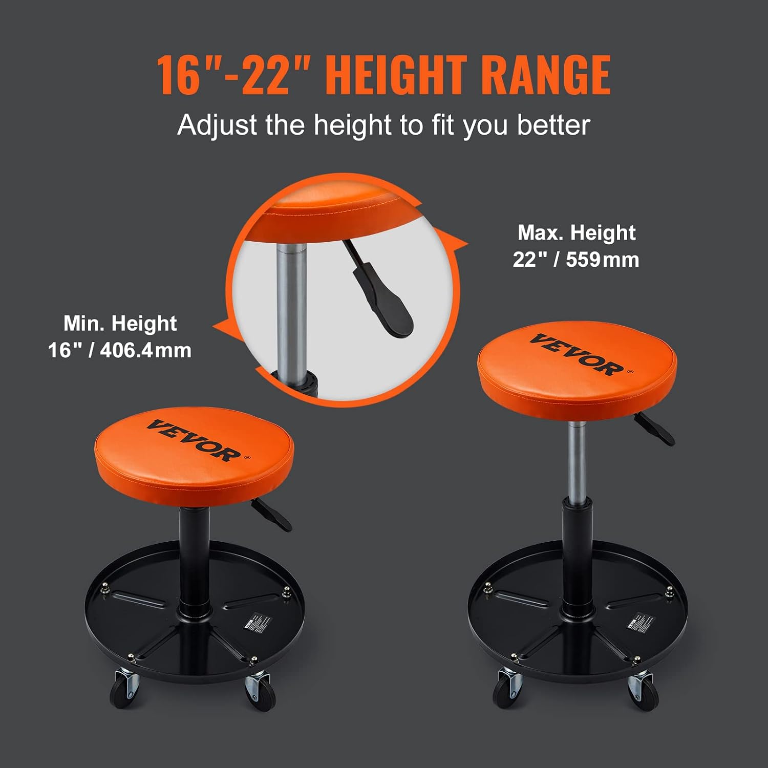 Mechanic Stool, 250 LBS Rolling Pneumatic Creeper Garage/Shop Seat, Adjustable Height 16-22 inch in Padded Rolling