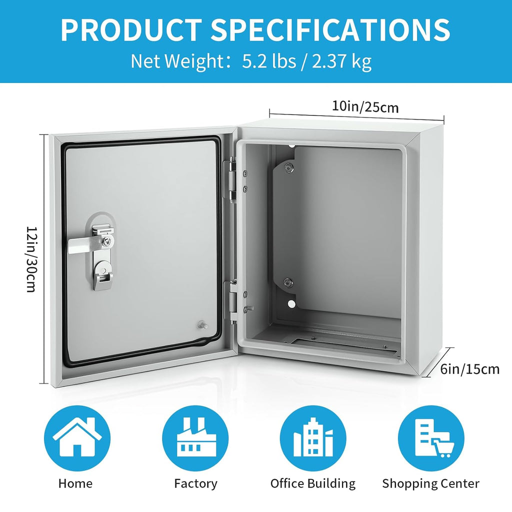 Steel Electrical Enclosure, 12 x 10 x 6'' Outdoor Wall-Mounted Weatherproof Box, Lockable Lid & Integrated Mounting Plate for Industrial/Commercial Electrical Installations