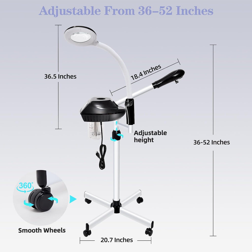 2 in 1 Professional Facial Steamer with 5X Magnifying Lamp | On Wheels, Time Settings, Face Steamer for Facial Deep