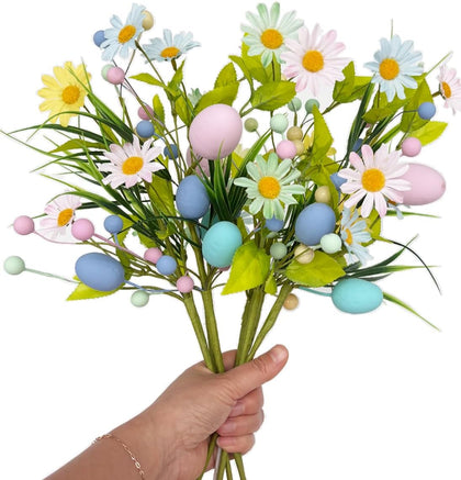 Easter Artificial Flowers with Eggs, 6 Pcs Spring Floral Arrangement | Includes Wildflowers Stems, Silk Daisies &