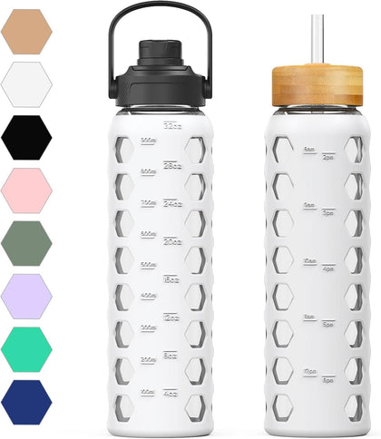 Glass Water Bottle, 32oz, White | 1 Liter Glass Tumbler, 2 Lids - Handle Spout Lid & Bamboo Straw Lid, Motivational