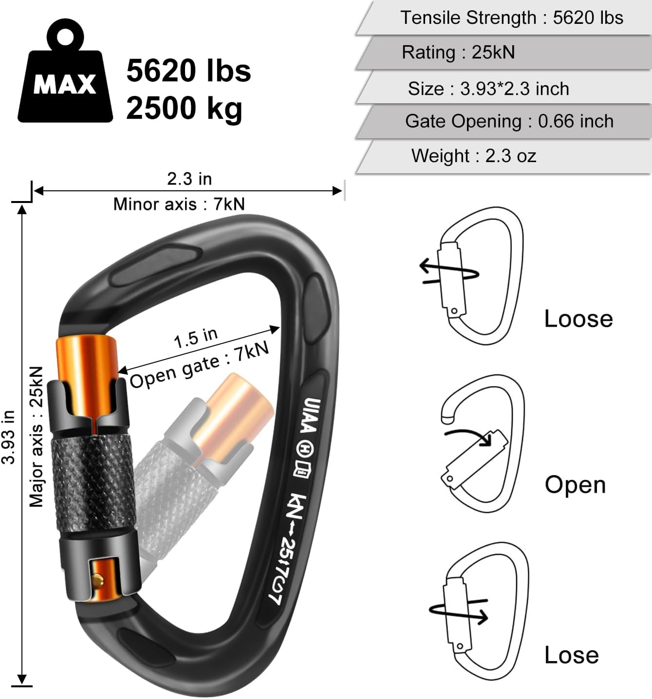 Climbing Carabiner Clips 25kN Auto Locking Carabiner, Professional Heavy Duty Large Locking Carabiner Clips for