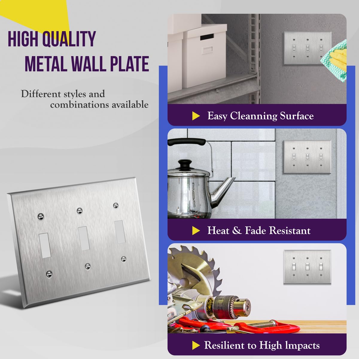 ENERLITES Toggle Light Switch Stainless Steel Wall Plate, 3-Gang, Silver