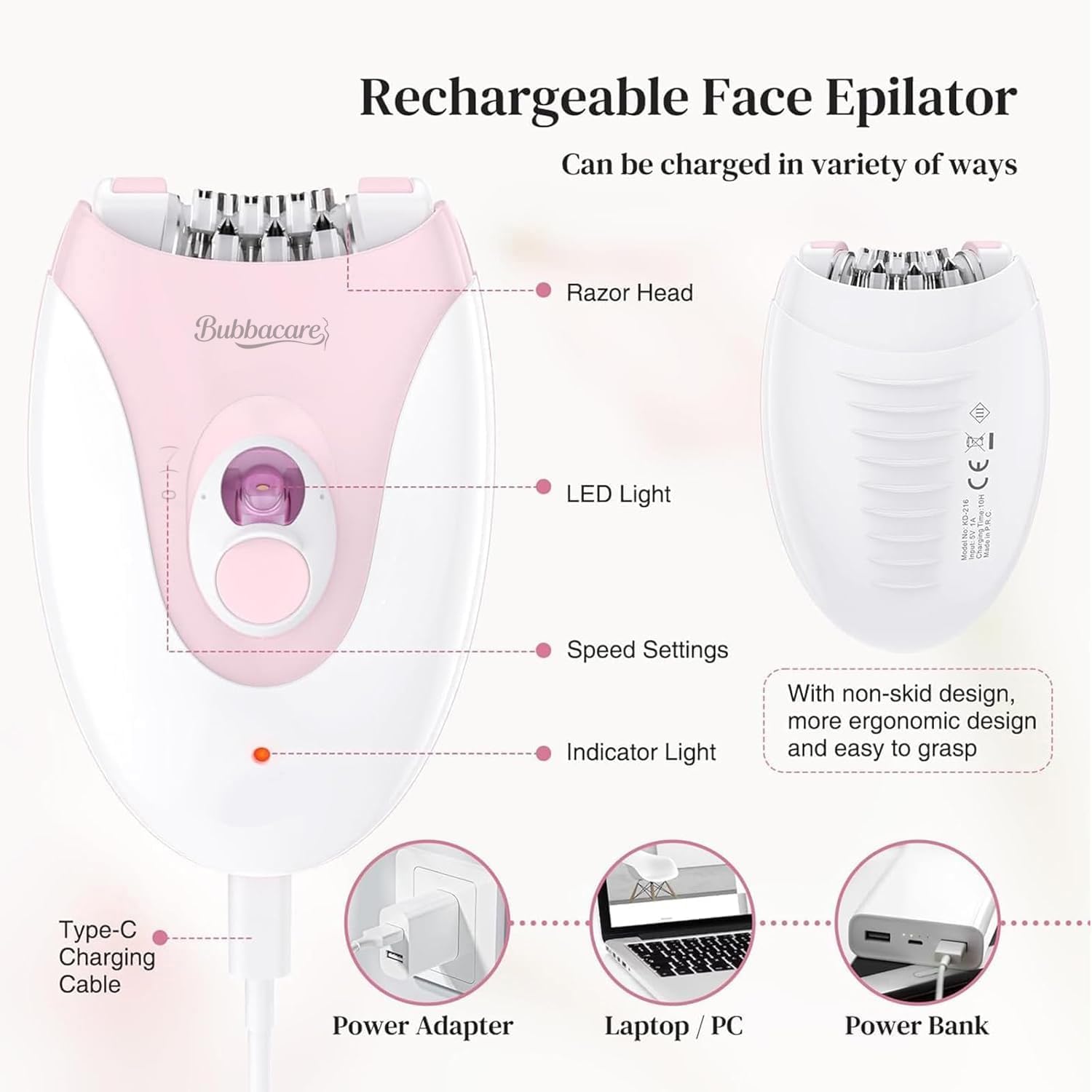 Epilator for Women, Silent Smooth Glide 2-Speed Facial Hair Removal Device, Cordless Rechargeable Hair Remover for