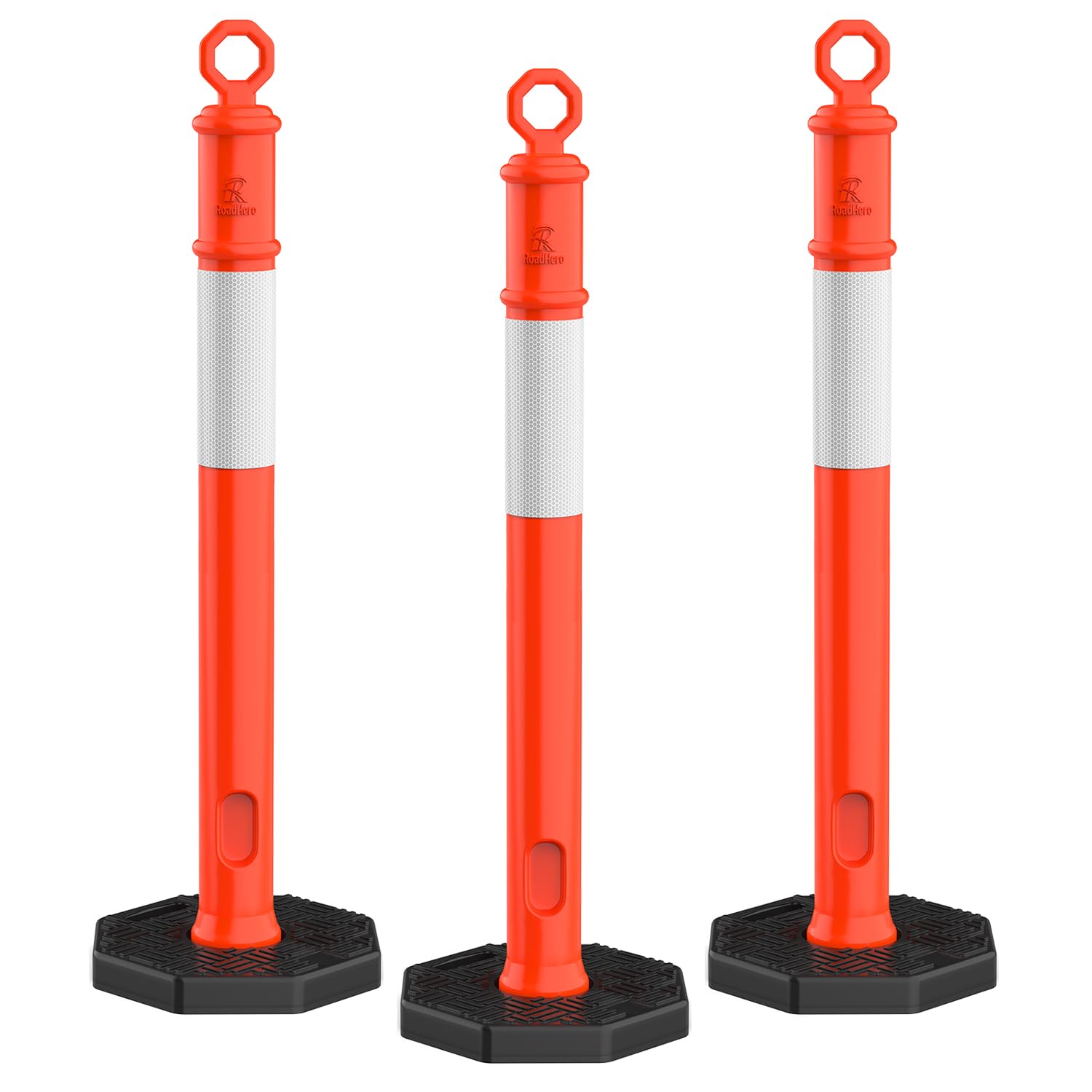 45 Inch Orange Delineator Post with Base, 3 Pack | Traffic Delineator Posts Cones, Visibility Reflective Collars