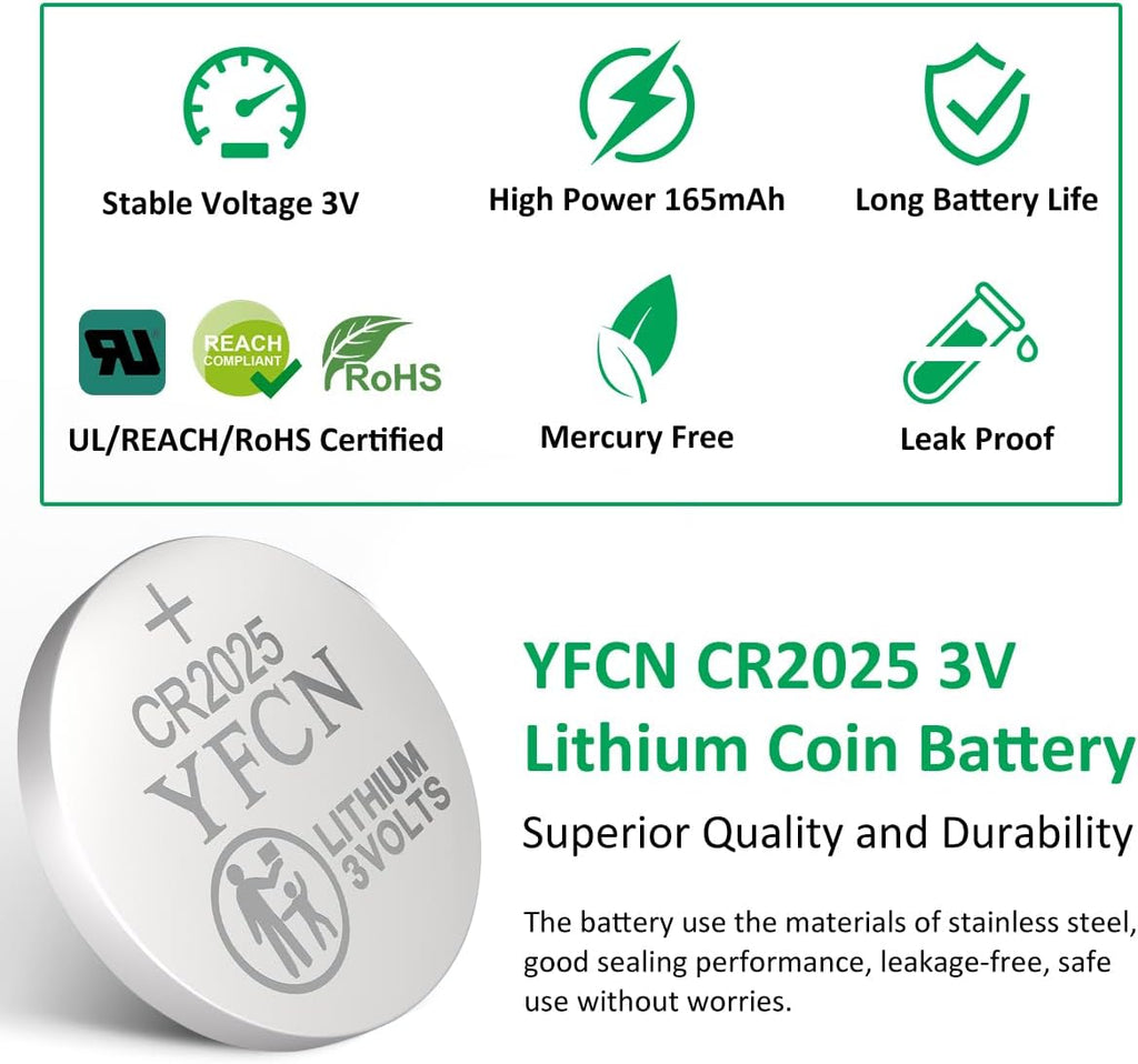 CR2025 Battery 3V Lithium Battery 10 Count Pack CR2025 Batteries for Key Fobs, Remote Control, LED Candles