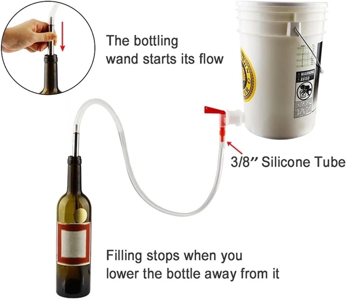 Home & Brewing 35cm Spring Load Beer Bottle Filler Kit,Bottling Bucket Spigot &Brush & 1M Hose,Stainless Steel Wine