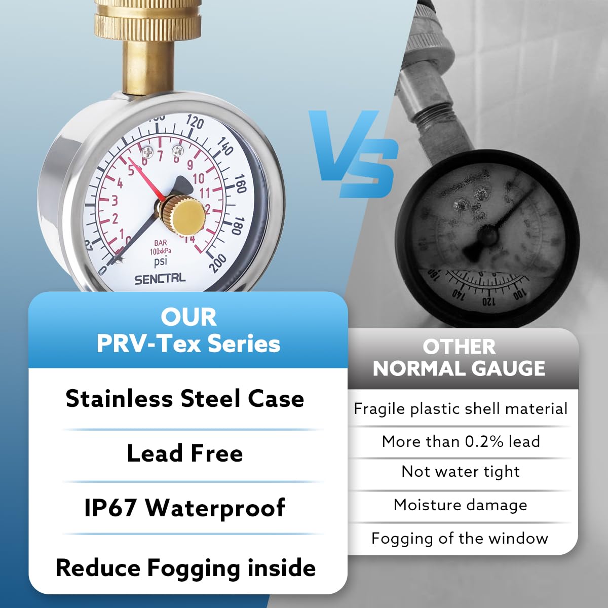 SENCTRL 0-200 Psi Lead-Free Water Pressure Gauge Test with Lazy Hand