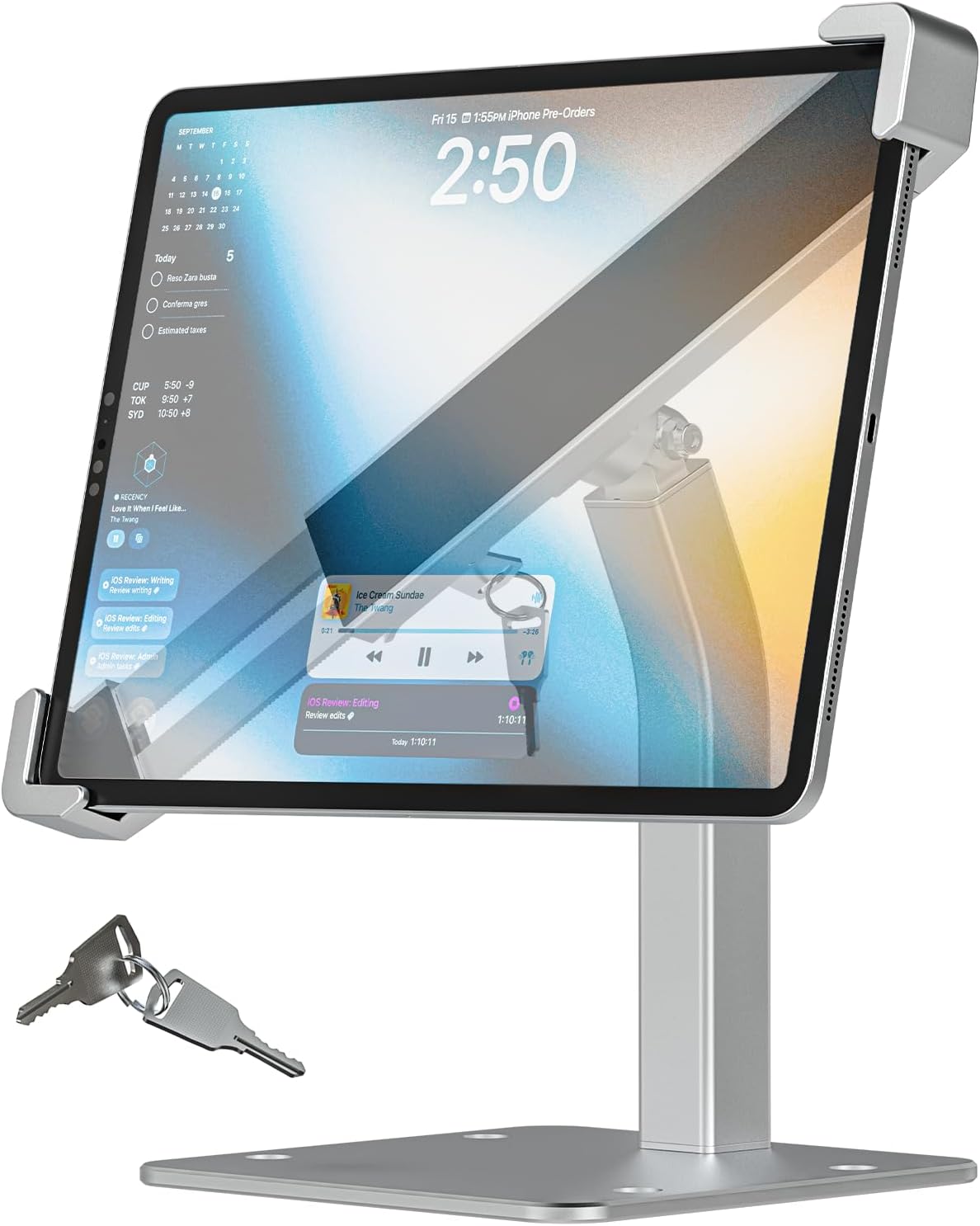 iPad Kiosk Stand, Anti-Theft Tablet POS Holder Desk Mount with Security Lock & Key, Heavy Duty Base & 360° Rotation