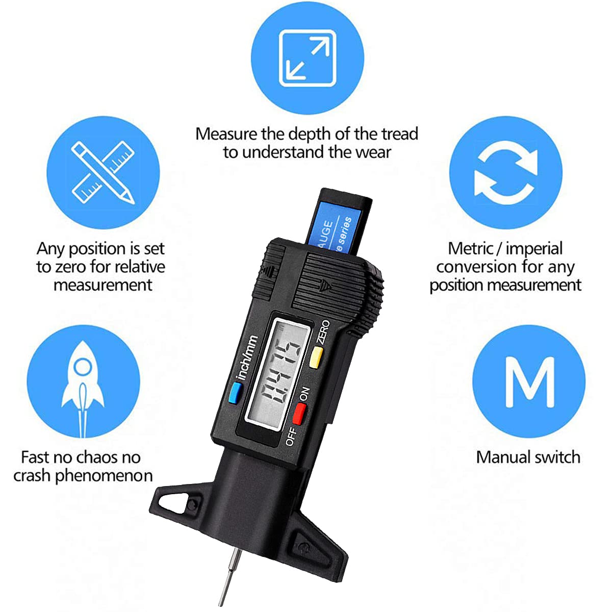 Digital Tire Tread Depth Gauge with LCD Screen, 0-1" Tread Checker, Black