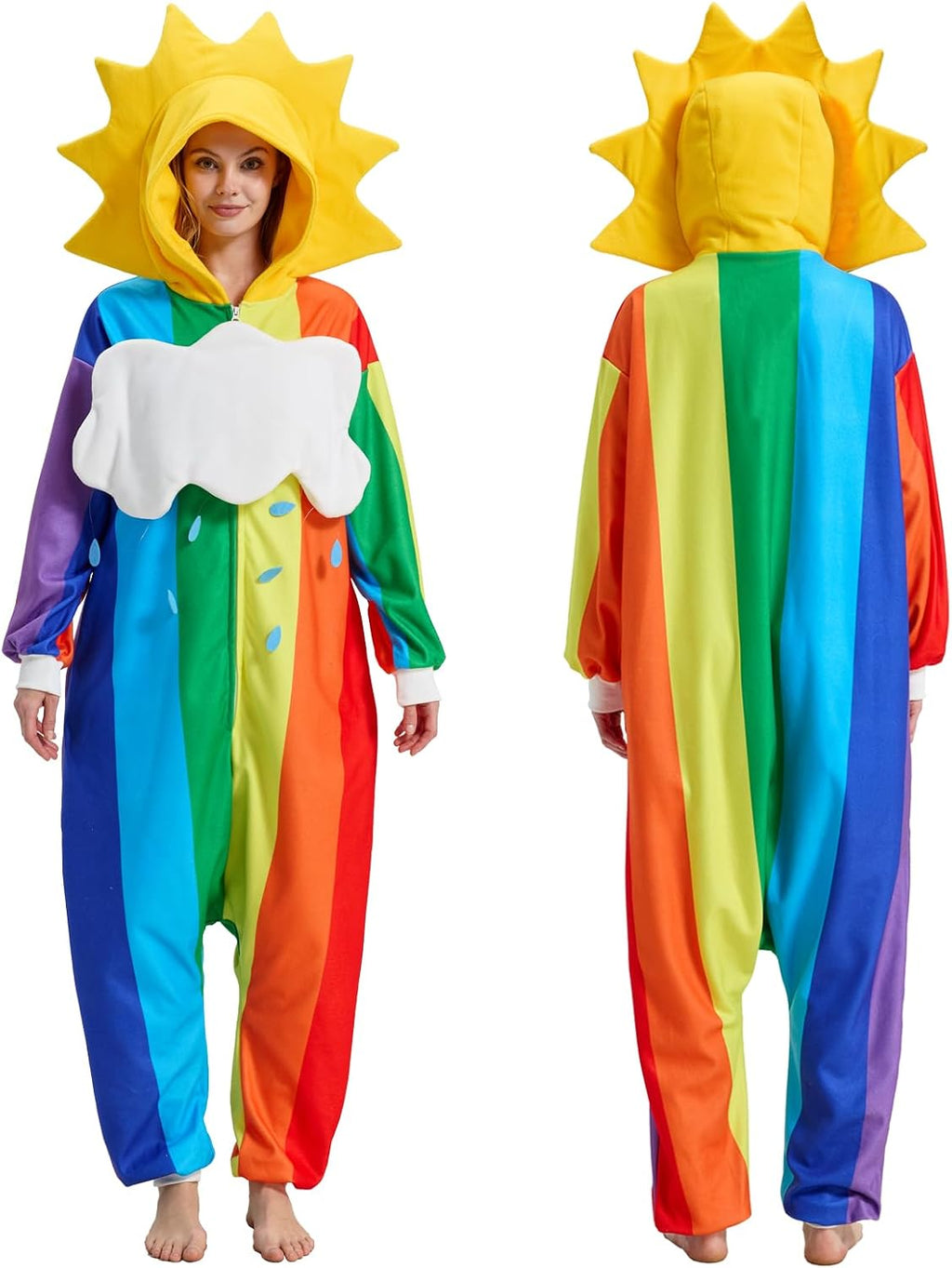 Rainbow Onesie Pajamas with Sun-Shaped Hood,Detachable Cloud, Colorful Halloween Costume Jumpsuit for Adults