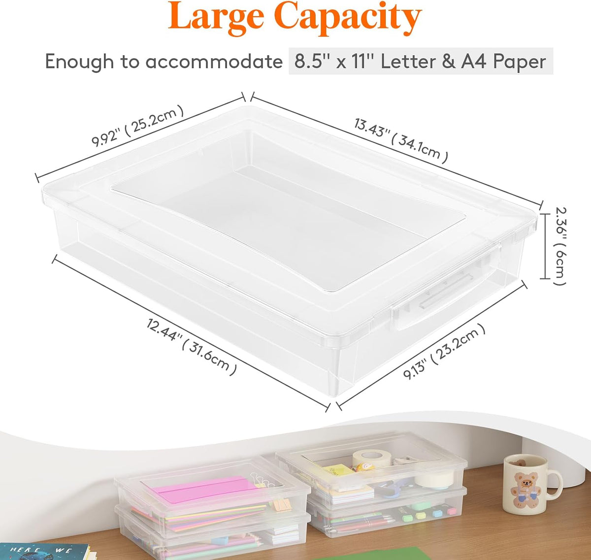 6 Pack Paper Organizer Storage, 12x9 Multi-Purpose Plastic File Box with Latching Lids, Containers for A4, Letter