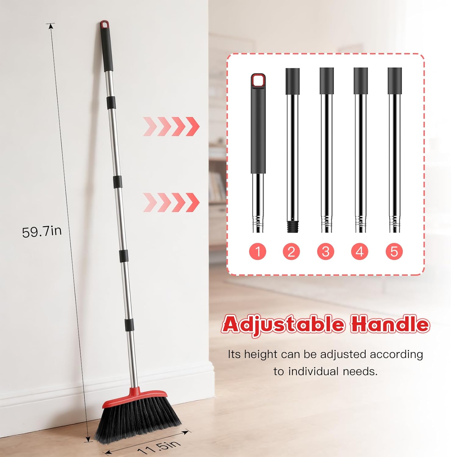 Broom and Step-on Dustpan Set, 59-in Adjustable Long Handle Broom with Dustpan Combo Set Outdoor Angle Broom for