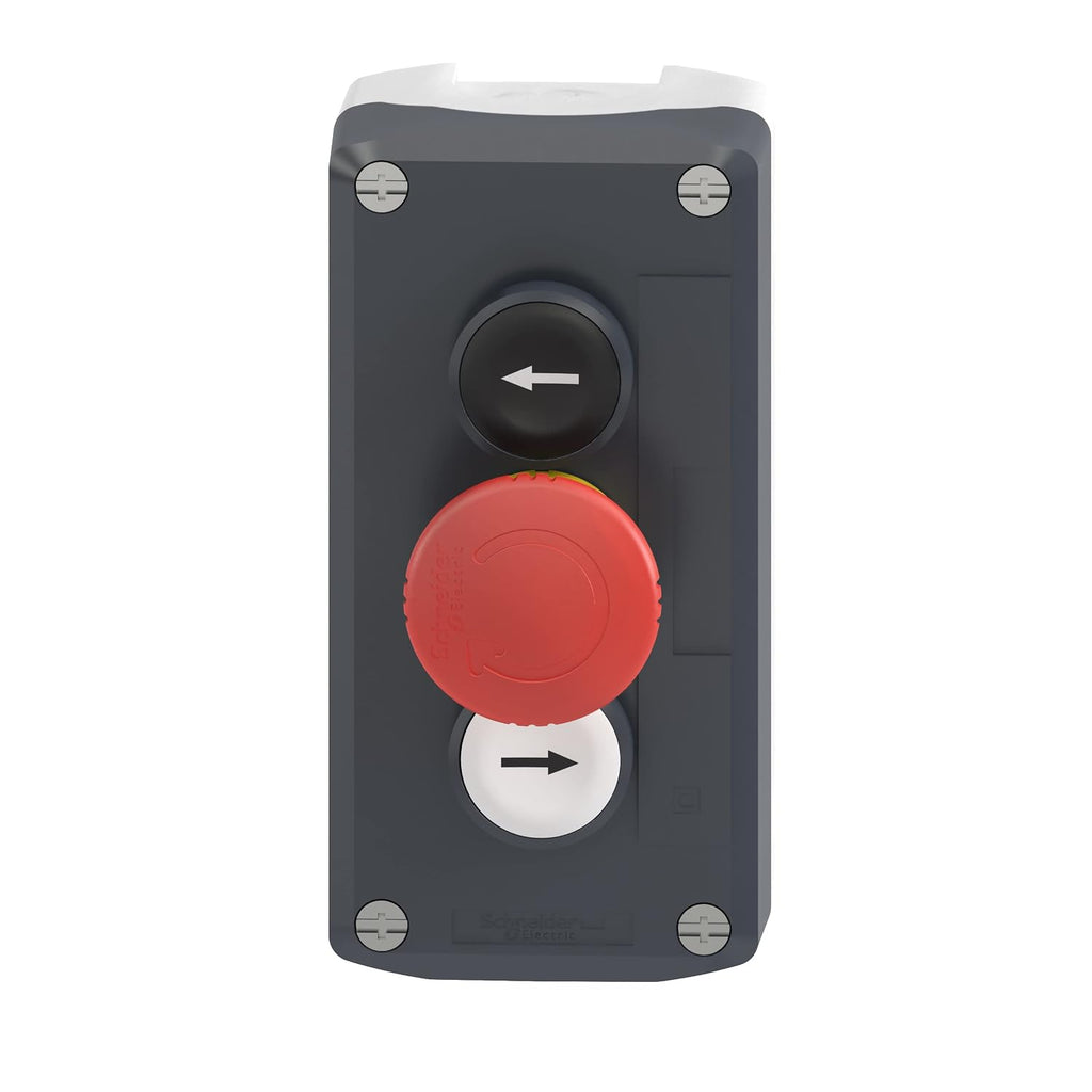 Schneider Electric, XALD328, Control station, plastic, dark grey lid, 2 flush push buttons 22, marked Up Arrow - Down Arrow, 1 red mushroom 30