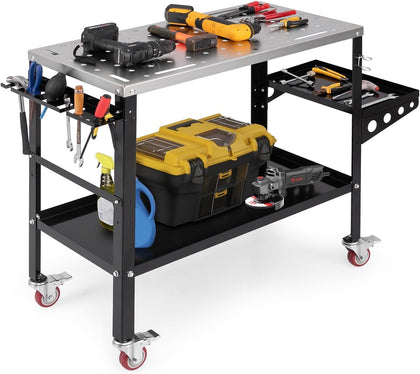 Welding Table 36'' x 18'',1200LBS Steel Weld Workbench with Wheels, 8 Tool Slots and 5/8" Fixture Holes for Welder