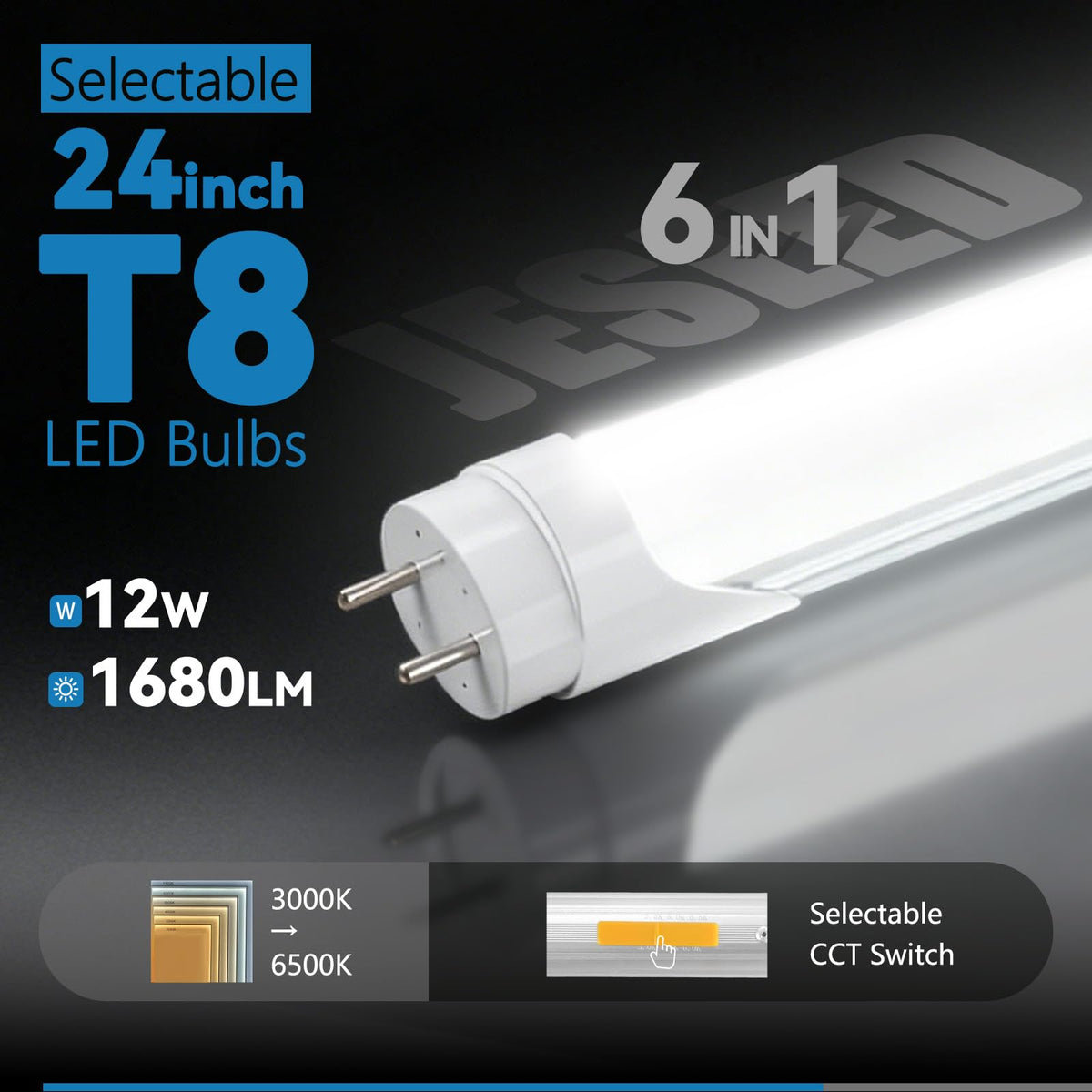 2ft T8 LED Bulbs, 4-Pack, 6 CCT Selectable 3000K-6500K