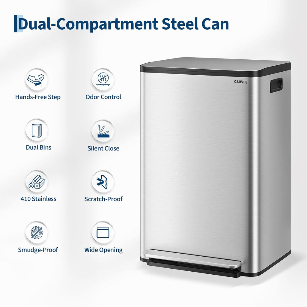 13 Gallon Trash Can Kitchen Garbage Bin with Removable Inner Buckets 50L Stainless Steel Step-on Metal Large Waste