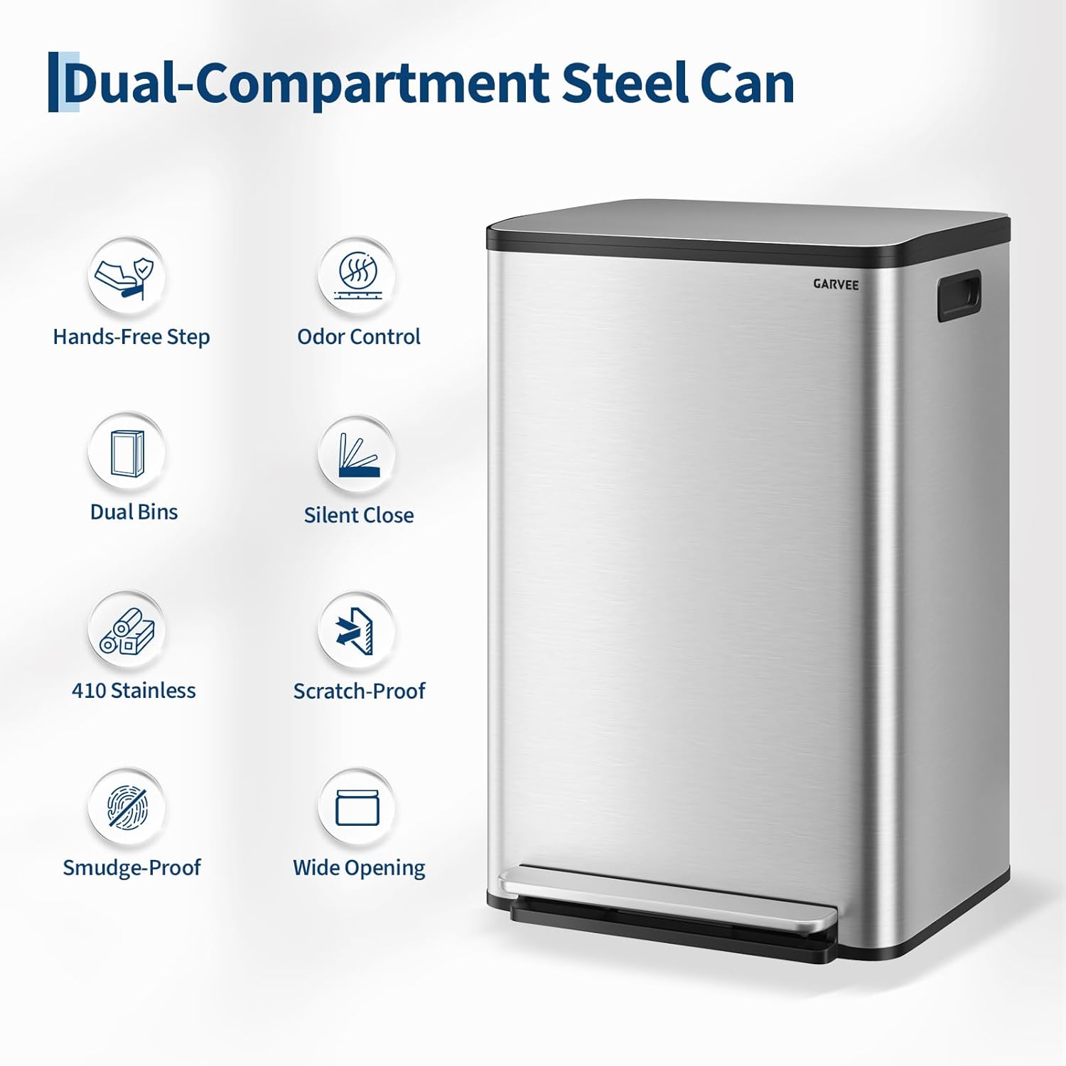 13 Gallon Trash Can Kitchen Garbage Bin with Removable Inner Buckets 50L Stainless Steel Step-on Metal Large Waste