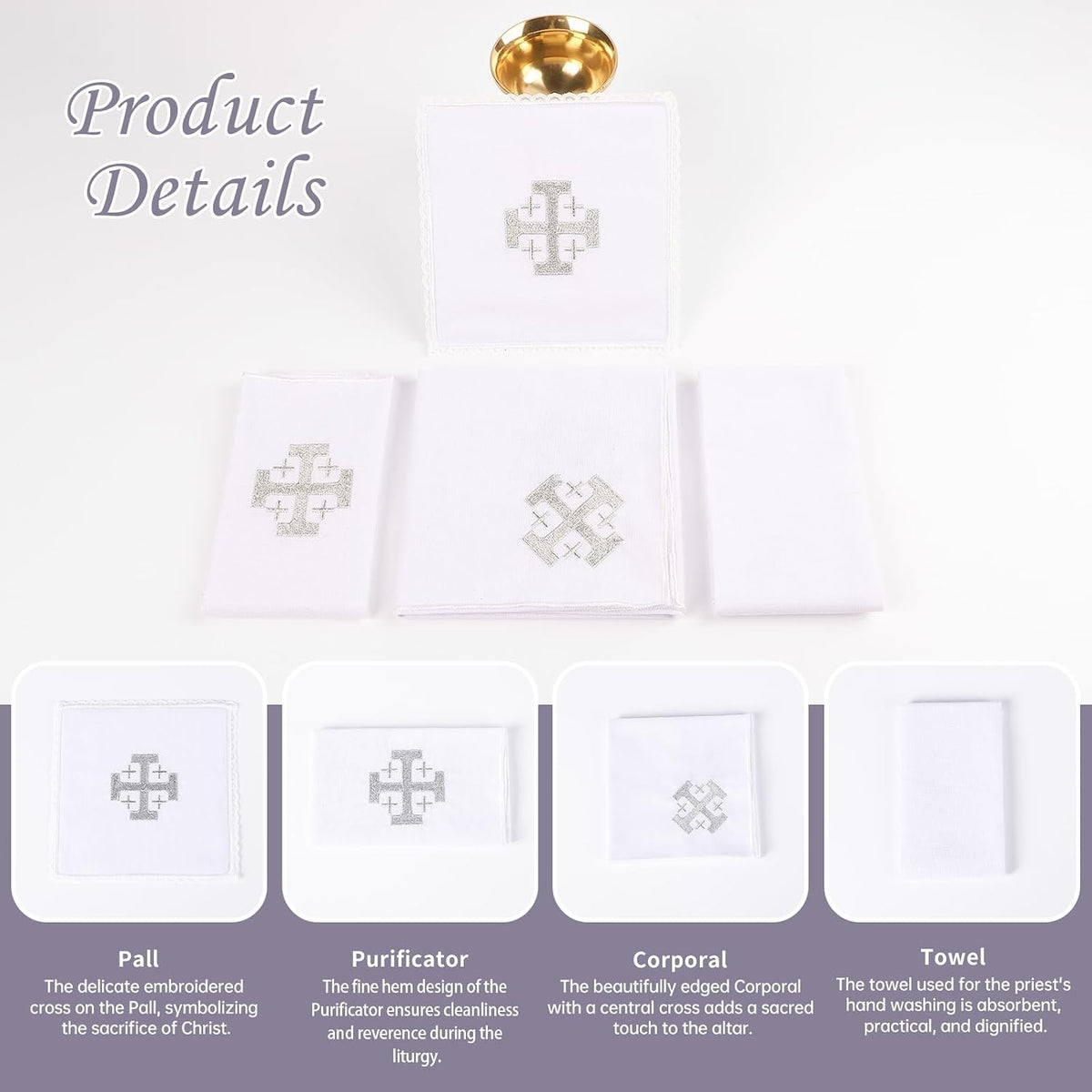 4 Pack Altar Supplies Linen Corporal for Churches Set (Pall,Corporal,Purificator,Towel) White Linen Altar Cloth