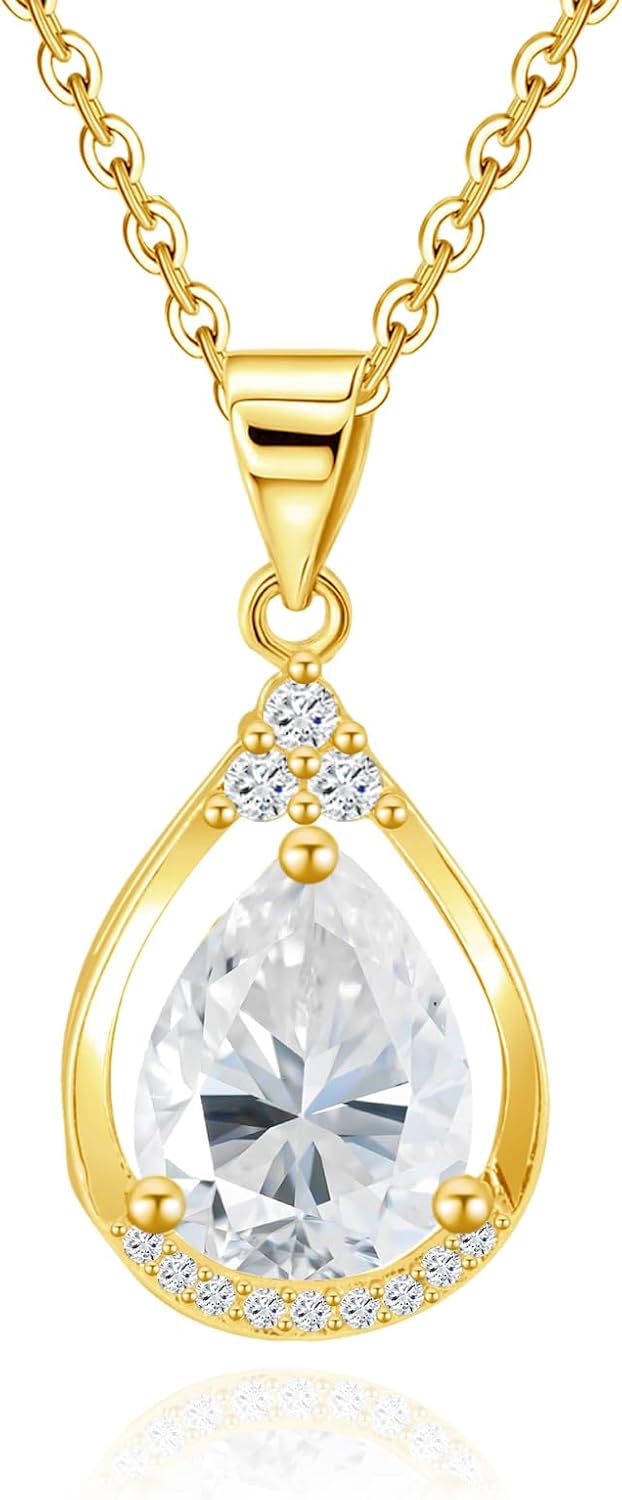 Sterling Silver Teardrop Drop Pendant Necklace for Women Hypoallergenic Cubic Zirconia Adjustable Charm Water Drop