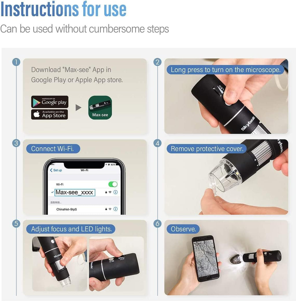 Wireless Digital Microscope, Skybasic 50X-1000X Magnification WiFi Portable Handheld Microscopes with Adjustable