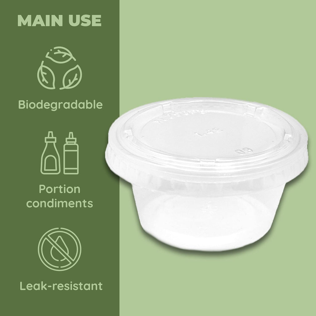 Compostable Condiment Cups with Lids, 2 oz Sauce Cups, 100 Sets per Pack: Eco-friendly for Salad Dressings