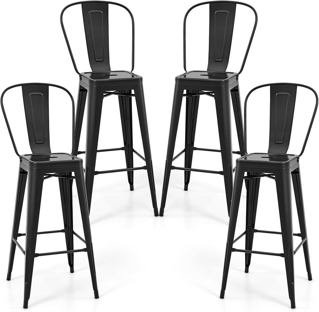 30 Inch Stackable Metal Bar Stools Set of 4 with High Backs, Black