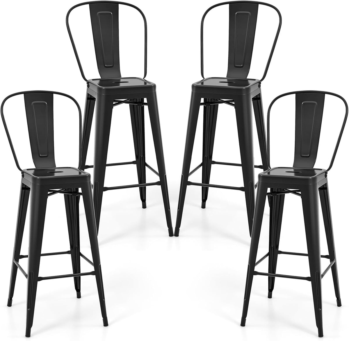 30 Inch Stackable Metal Bar Stools Set of 4 with High Backs, Black