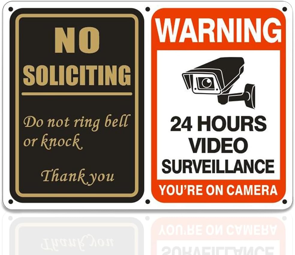 No Soliciting Sign & 24 Hours Surveillance Sign 2 in 1 Aluminum UV Ink Printed Yard Sign for House, Yard, Front Door