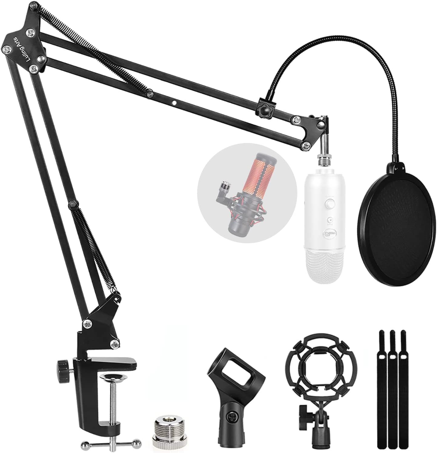 Microphone Stand for Blue Yeti, Quadcast Boom Arm Scissor Mic Stand with Windscreen and Double layered screen Pop