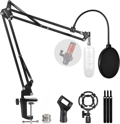 Microphone Stand for Blue Yeti, Quadcast Boom Arm Scissor Mic Stand with Windscreen and Double layered screen Pop