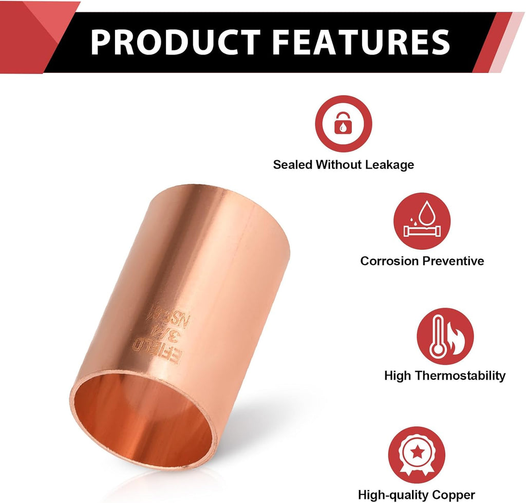 30Pcs EFIELD 3/4" X 3/4" CxC Copper Slip Coupling, No Stop(COPPER033-30)
