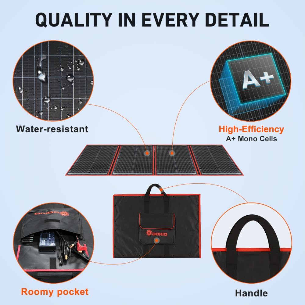 200W Portable Foldable Solar Panel Kit for 12V Battery Charging | Folds to 20 x 27 in and weighs 9.7 lb; includes