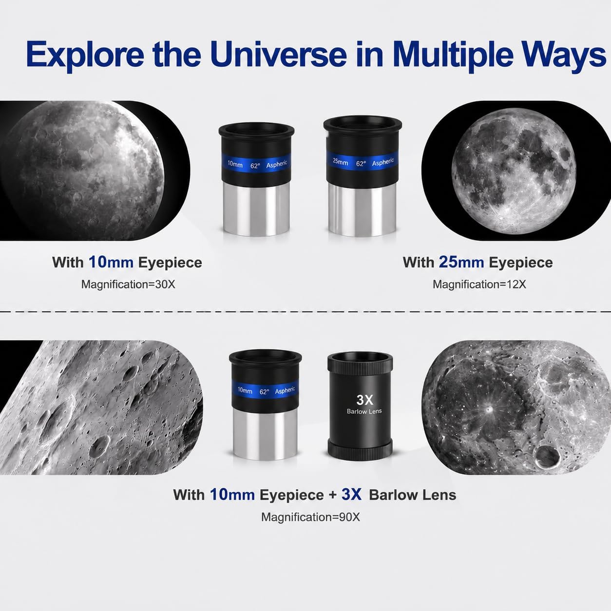 70mm 300mm Refractor Telescope, 3X Barlow, Phone Adapter | Finder Scope, Moon Filter, Adjustable Aluminum Tripod