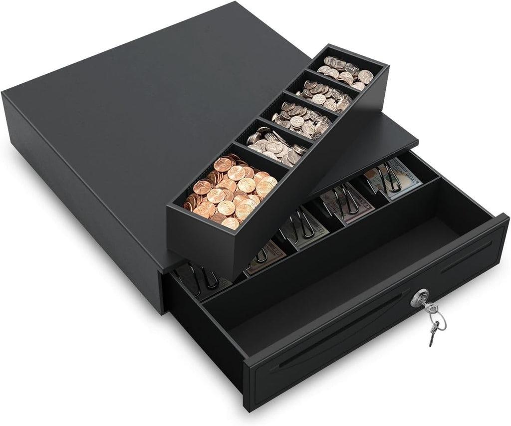 16-Inch Cash Drawer for Small Businesses, 5 Bill/5 Coin, Black | Pos Cash Register Drawer with Rj11/Rj12 Cable