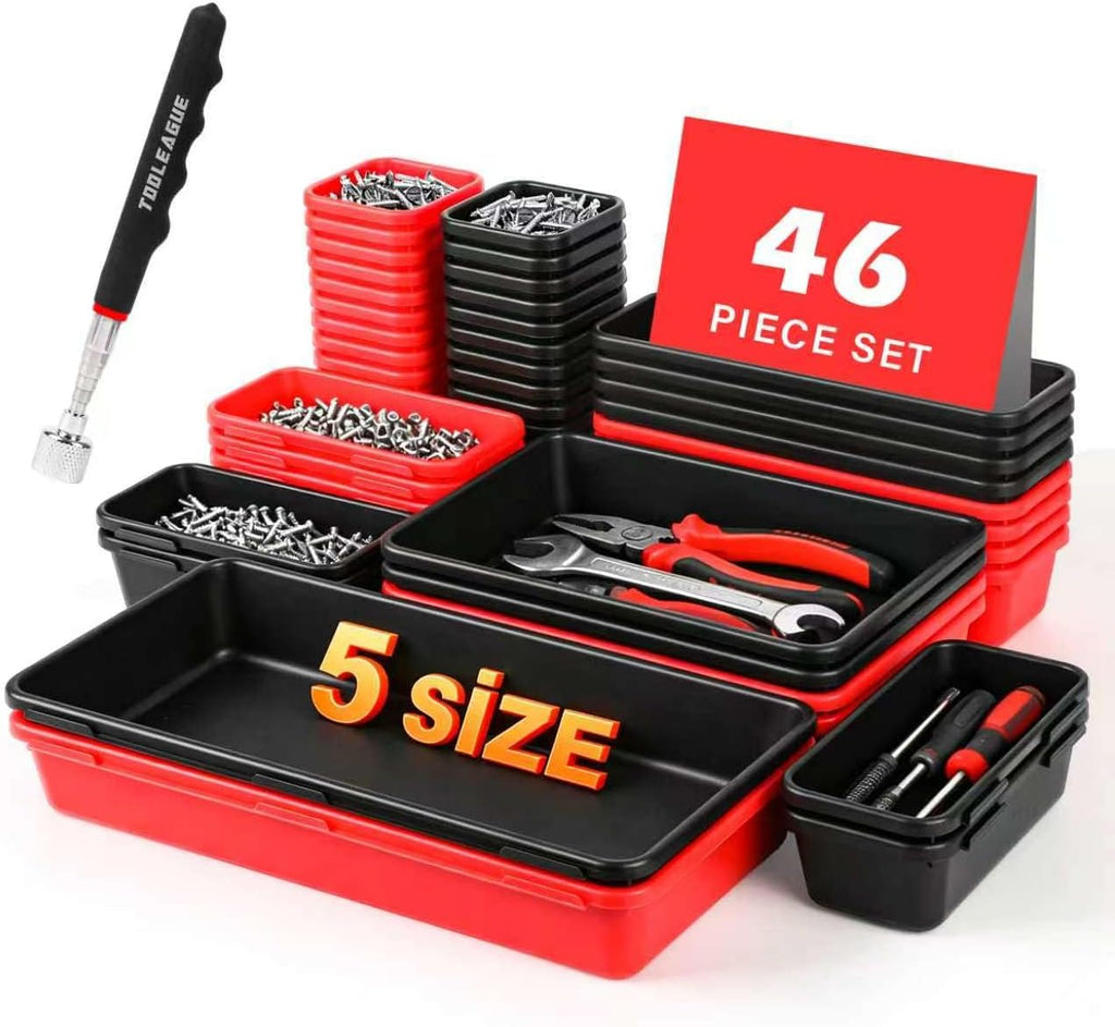 46Pcs & 5 Sizes Tool Box Organizer Tray Set with 15Lb Magnetic Pickup Pen,Drawer Organizer Bin, Garage Organization