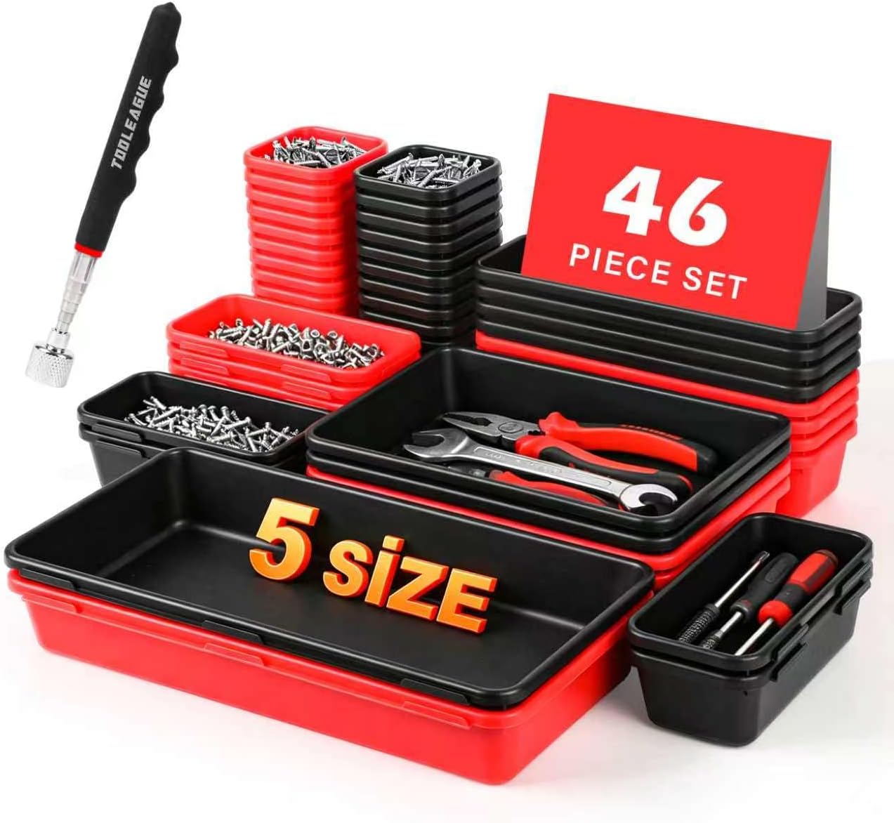 46Pcs & 5 Sizes Tool Box Organizer Tray Set with 15Lb Magnetic Pickup Pen,Drawer Organizer Bin, Garage Organization