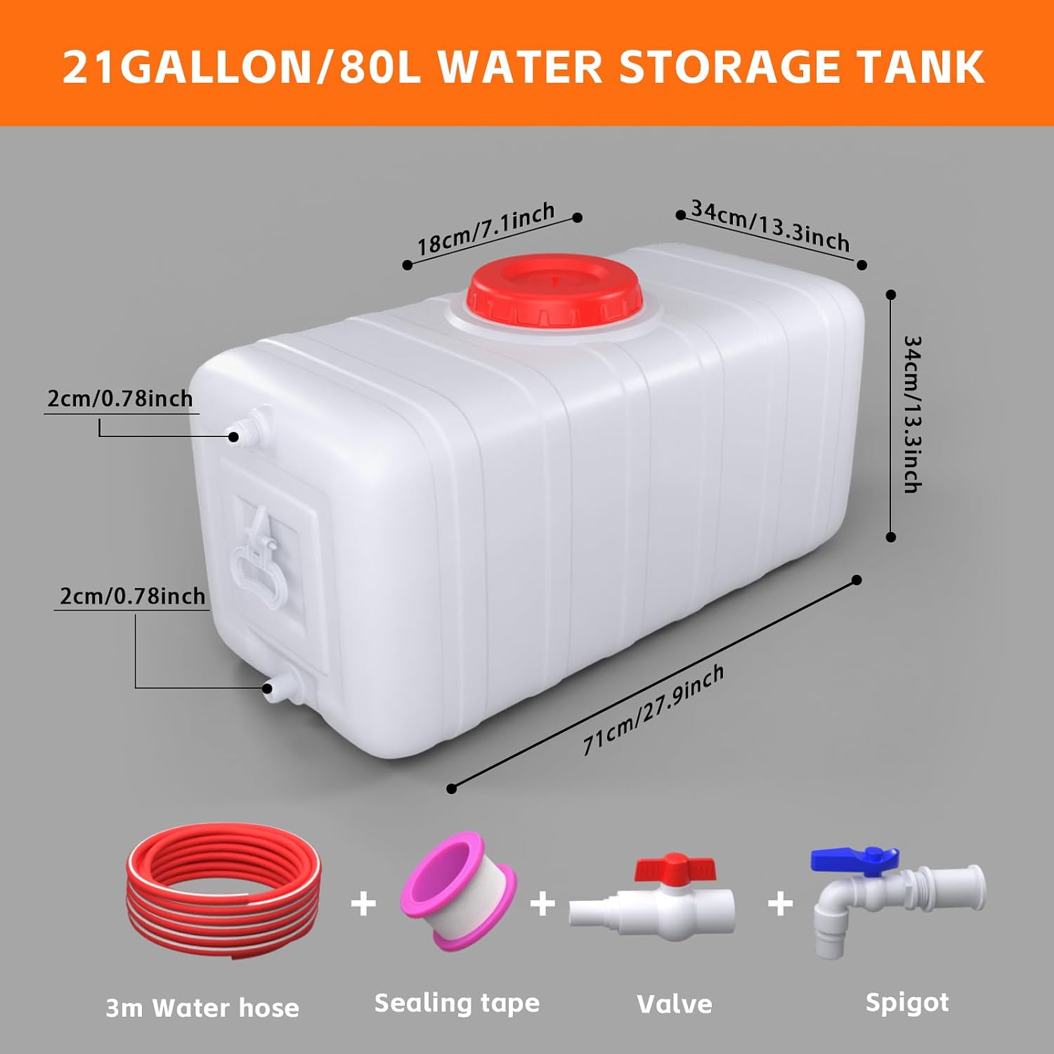 21Gallon/80L Water Storage Tank with Spigot,3m Hose and Control Vale | Large Plastic Emergency Water Tank,Water
