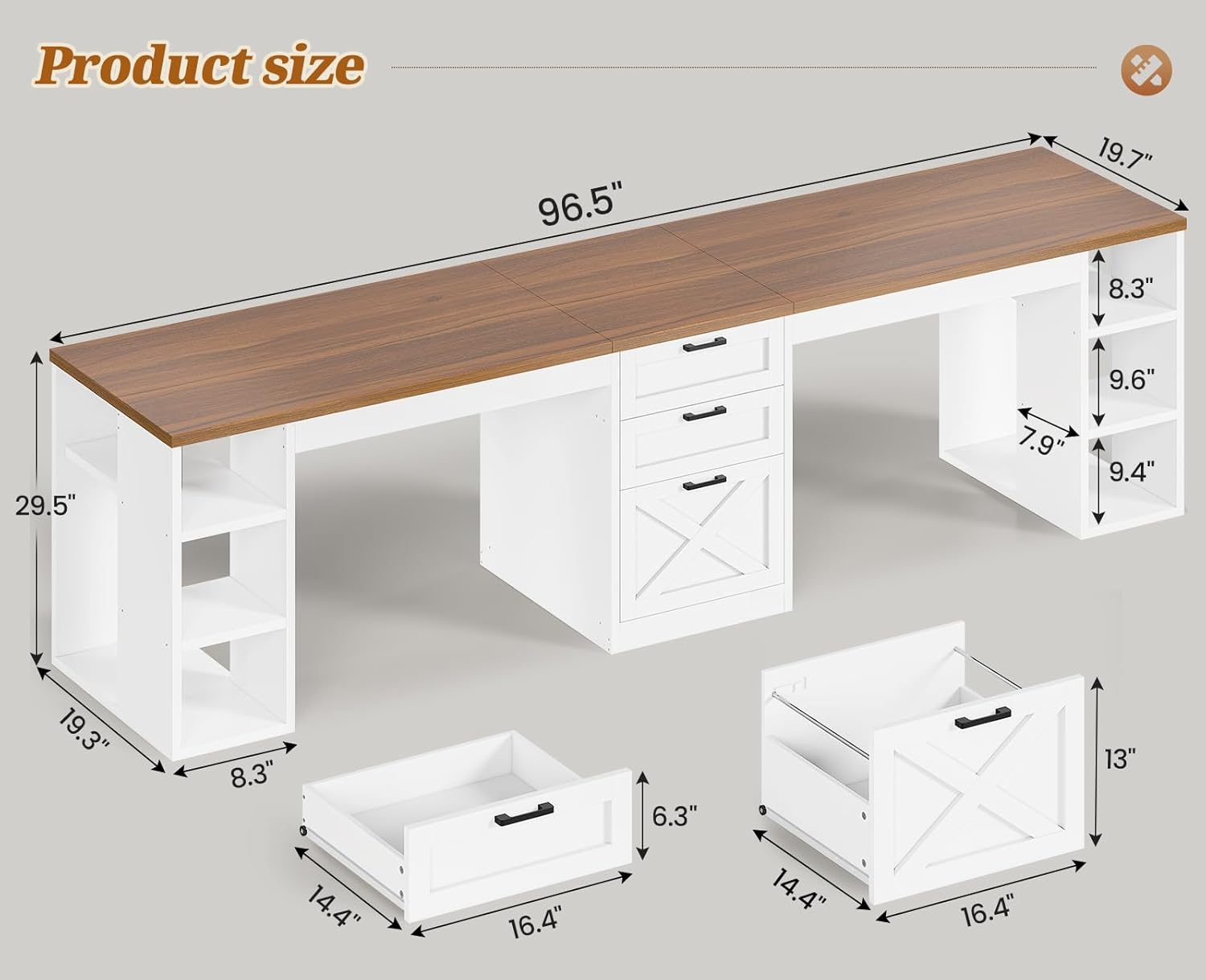 Farmhouse 96.5" Computer Desk with Drawers, 2 Person Home Office Desk, Gaming Double Desk with Storage Shelves, Long