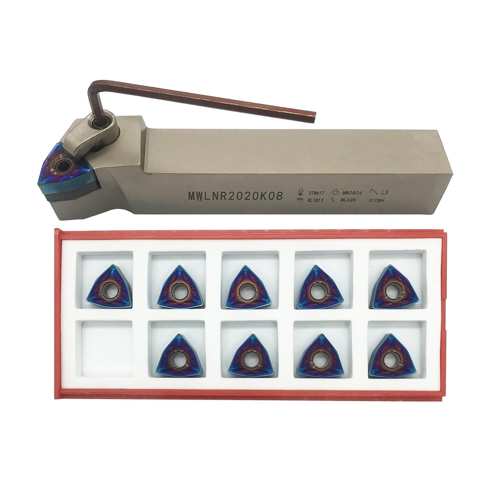3/4" 20MM Right Cutting CNC Lathe Carbide Excircle Indexable Turning Tool Holder Bit Set MWLNR2020K08 with 10pcs WNMG432 WNMG080408 Indexable Carbide Inserts for Hardness Steel