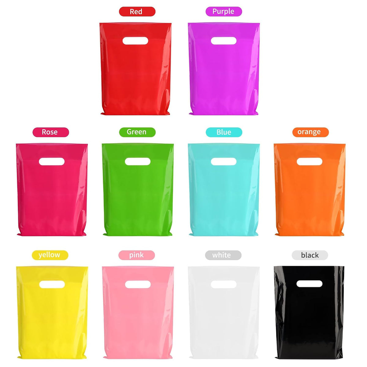 9x12 Assorted Colors Plastic Gift Bags with Handles 100 Pack