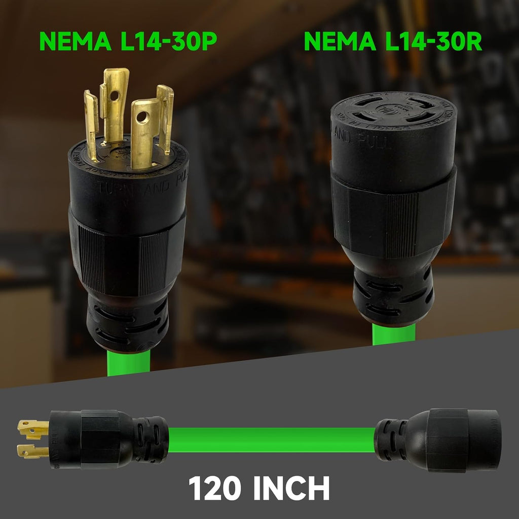25 Ft 10/4 30-Amp Generator Outdoor Extension Cord, L14-30P/R, Green | 10 Gauge SJTW 4-Prong 125/250V 7500W NEMA