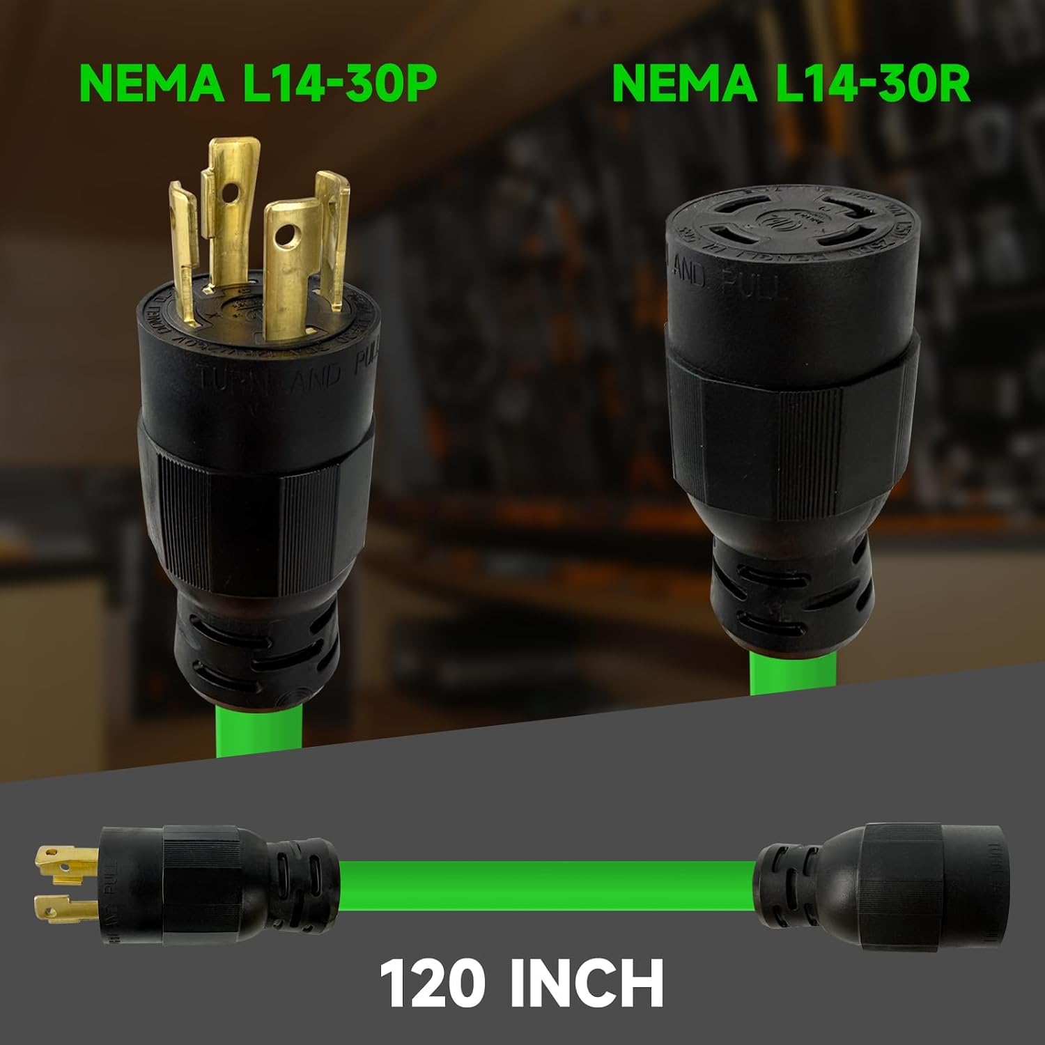 25 Ft 10/4 30-Amp Generator Outdoor Extension Cord, L14-30P/R, Green | 10 Gauge SJTW 4-Prong 125/250V 7500W NEMA