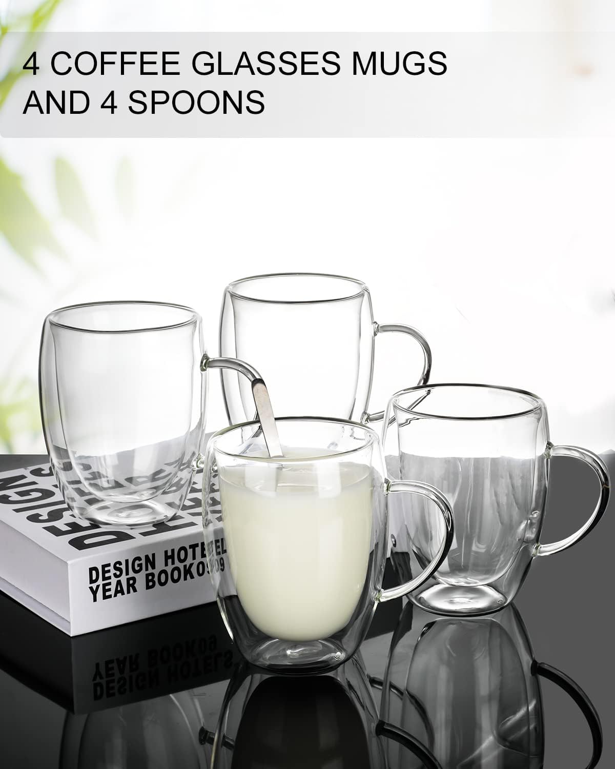 4 Pack Double Walled Coffee Cups Glasses Mug 12oz Borosilicate Glass
