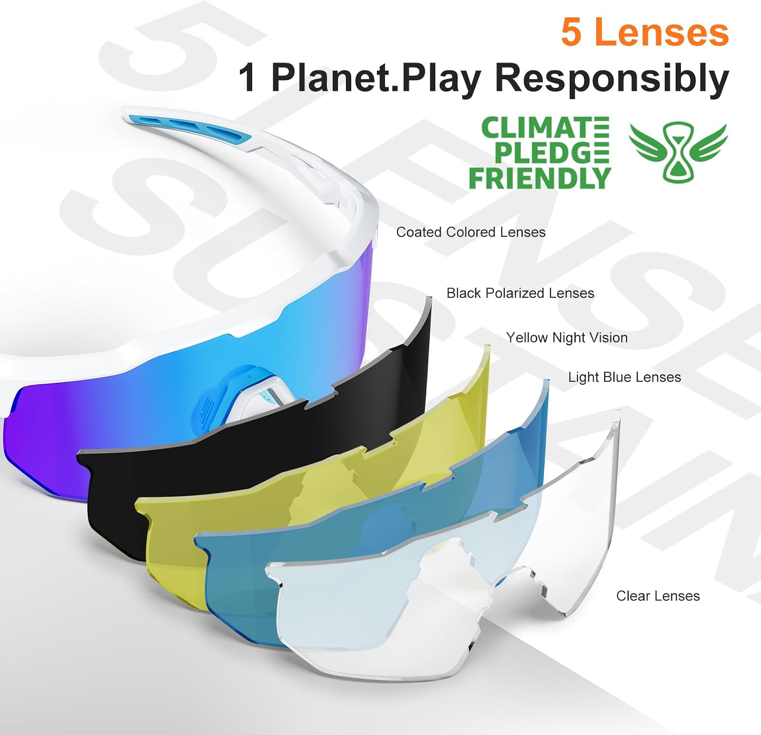Sports Sunglasses with 5 Interchangeable Lenses | UV400 glasses with a polarized black lens for men and women, ideal